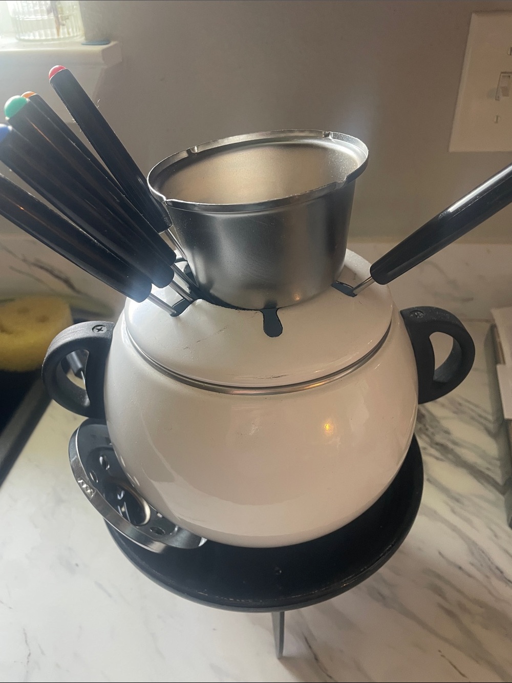 White Chocolate Fondue Set with Black Handles